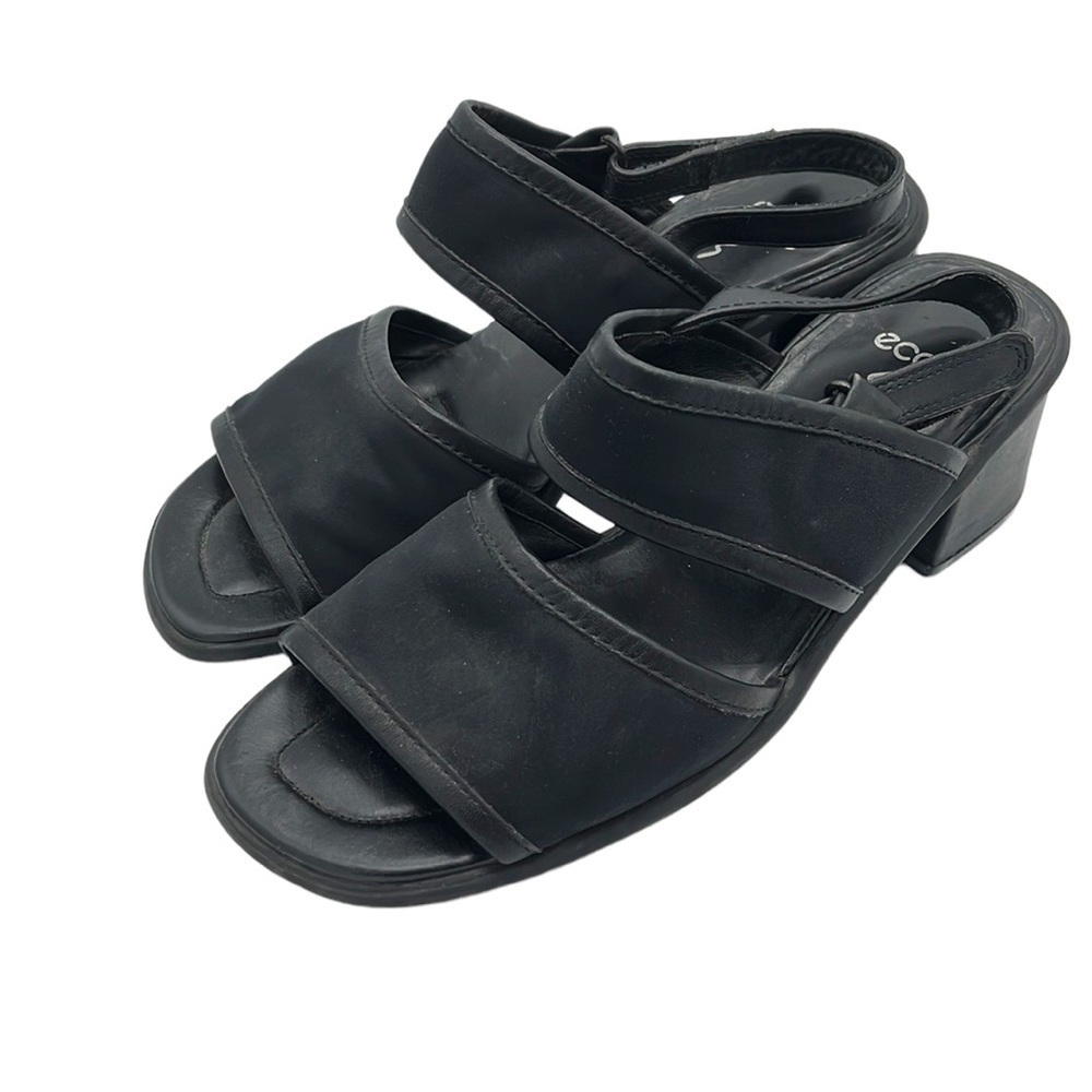 ECCO Black Strappy Leather‎ Canvas Block Heel Open Toed Sandals Size 7